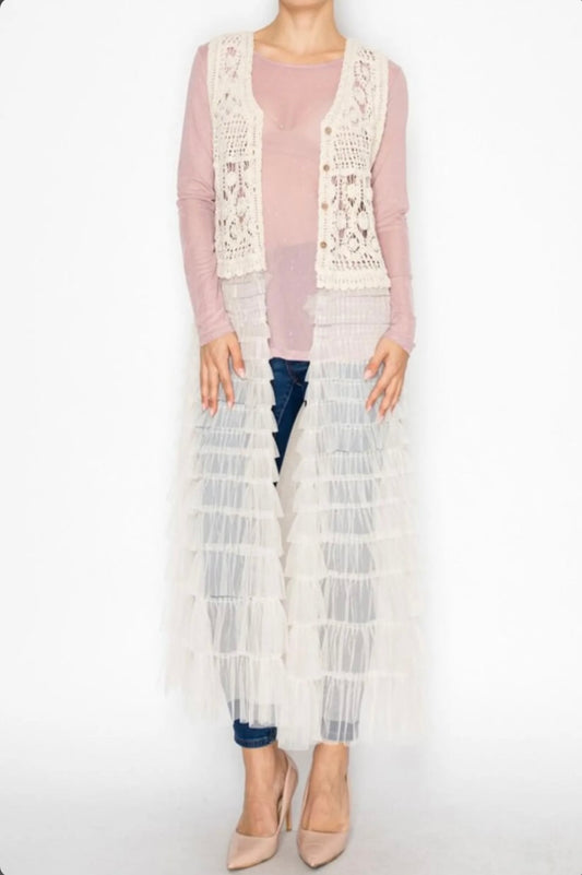 Boho Crochet Lace Maxi Duster Vest Top, Tiered Ruffle Tulle Mesh Long Cardigan