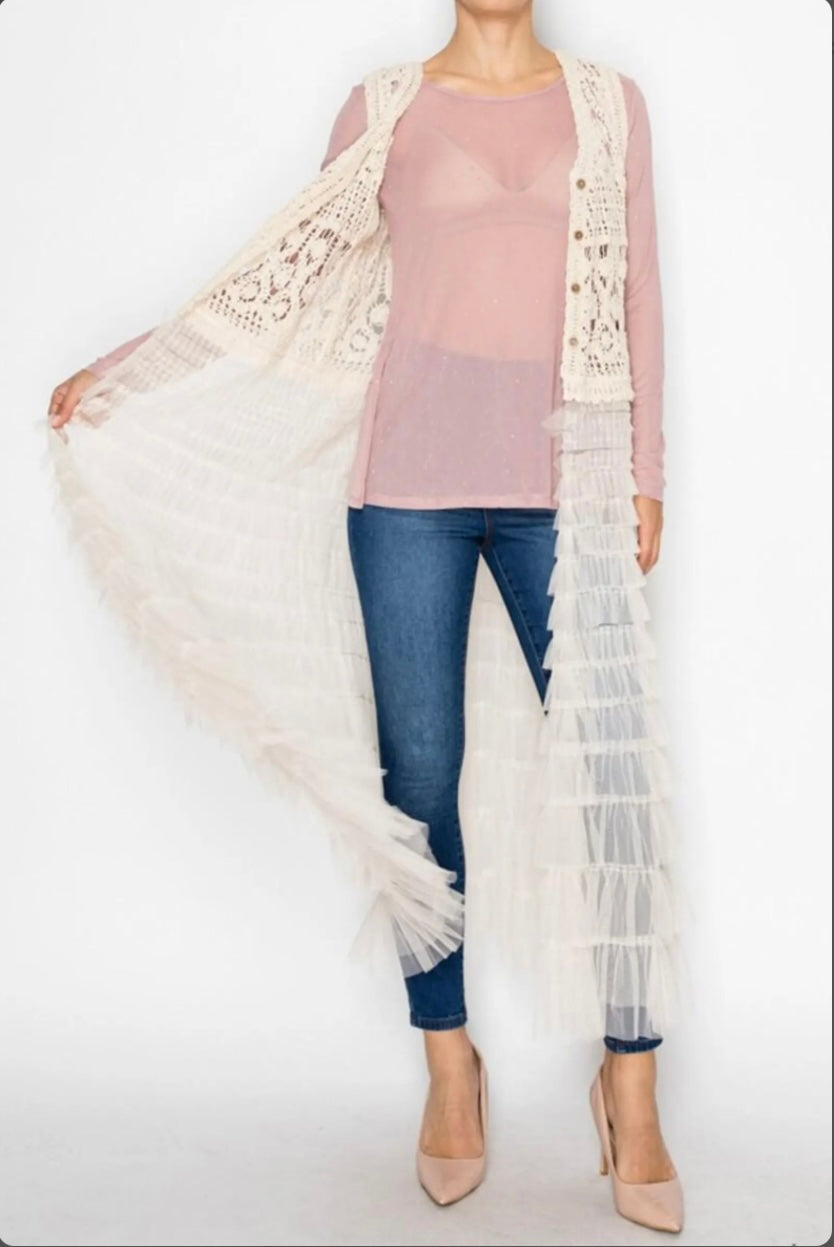 Boho Crochet Lace Maxi Duster Vest Top, Tiered Ruffle Tulle Mesh Long Cardigan