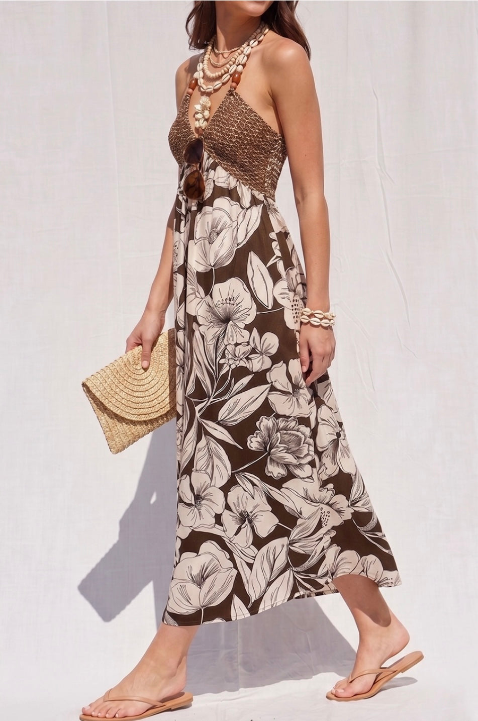 Border Printed Halter Midi Dress