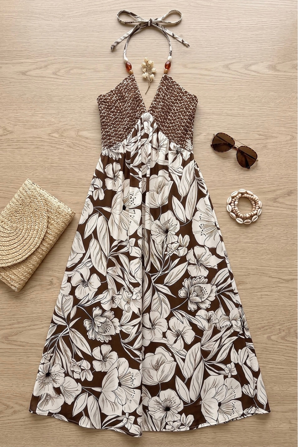 Border Printed Halter Midi Dress