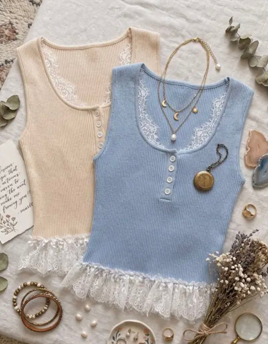 Lace Trim Ribbed Button Tank Top