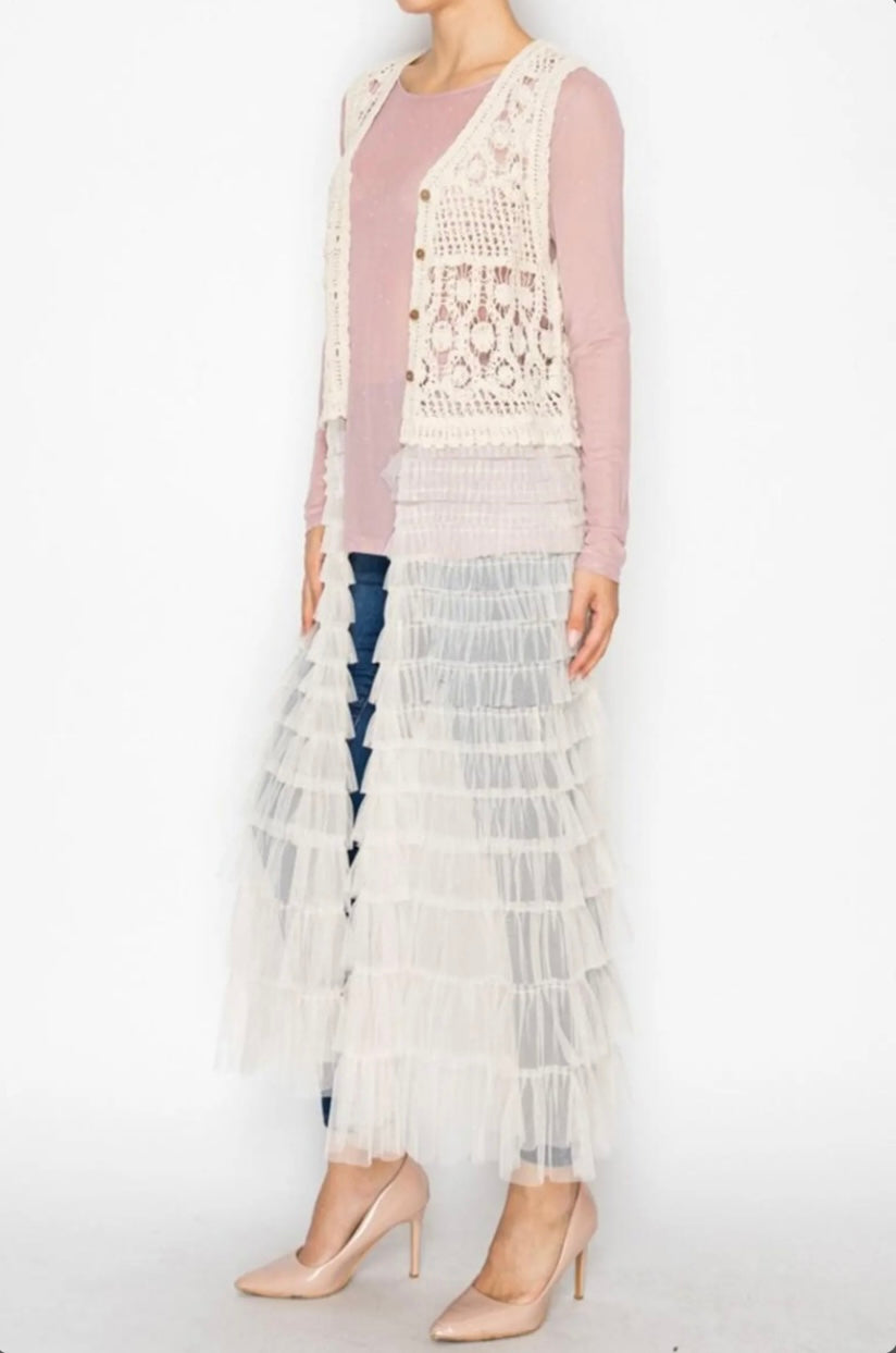 Boho Crochet Lace Maxi Duster Vest Top, Tiered Ruffle Tulle Mesh Long Cardigan