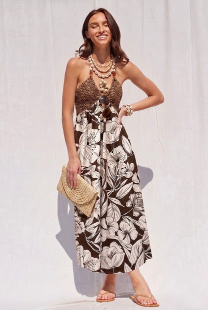 Border Printed Halter Midi Dress