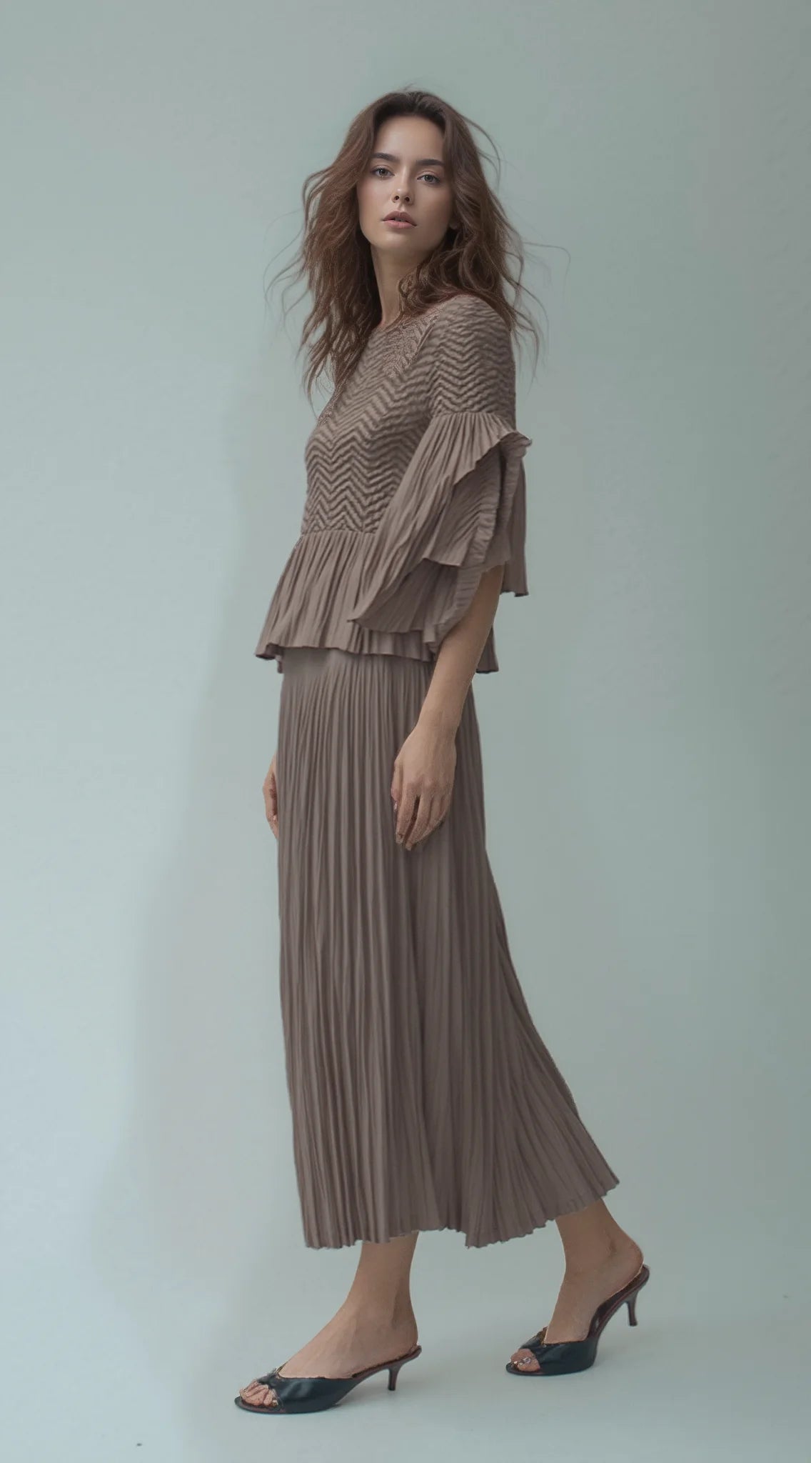 Pleated blouse top with flared sleeves & sweep (Mocha)
