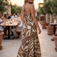 Zebra Print Halter Eyelet Trim Drop Waist Maxi Dress