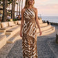 Zebra Print Halter Eyelet Trim Drop Waist Maxi Dress