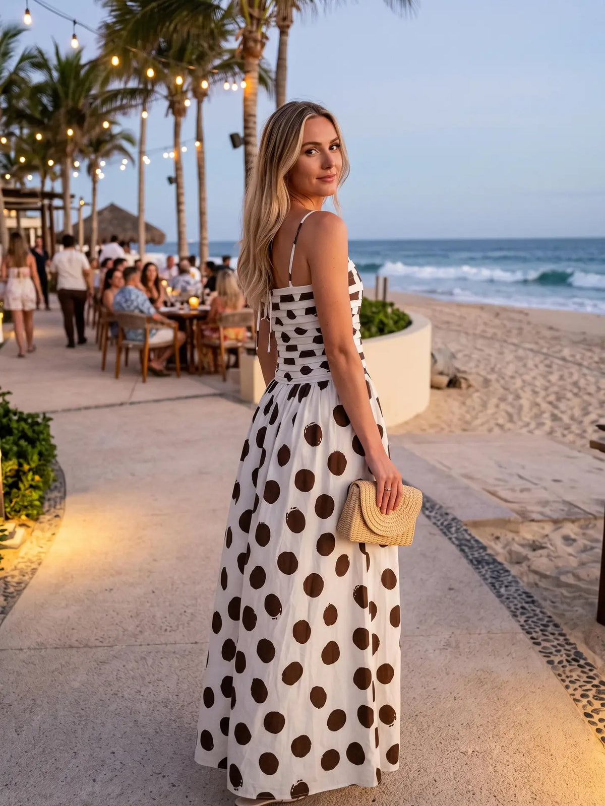 Angela Polka Dot Pleated Bodice Tie Back Maxi Dress