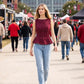 Polka Dot Stretch Denim Peplum Top