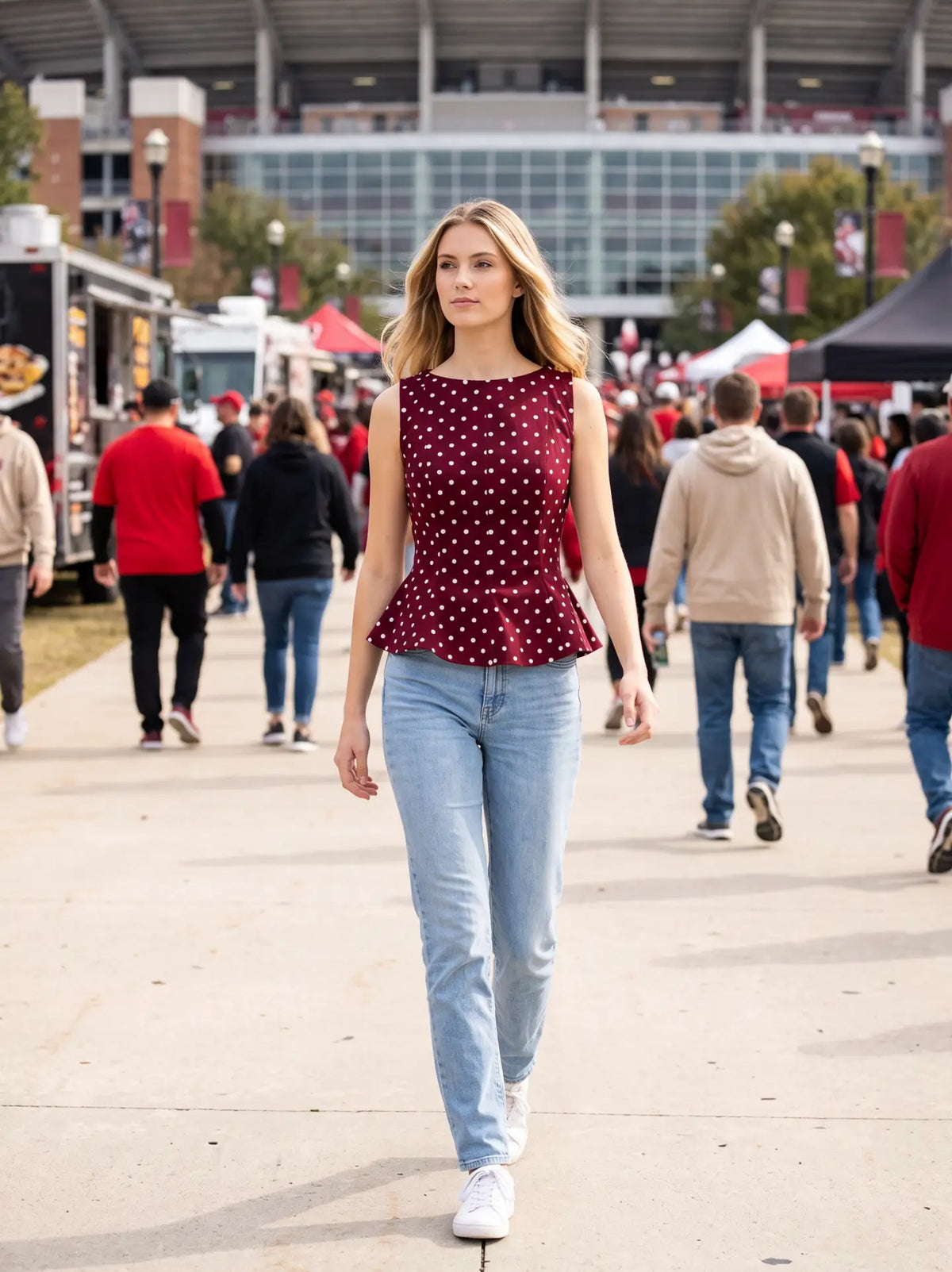 Polka Dot Stretch Denim Peplum Top