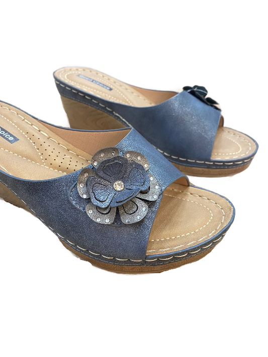 Blue Naples Slide On Wedge Sandal