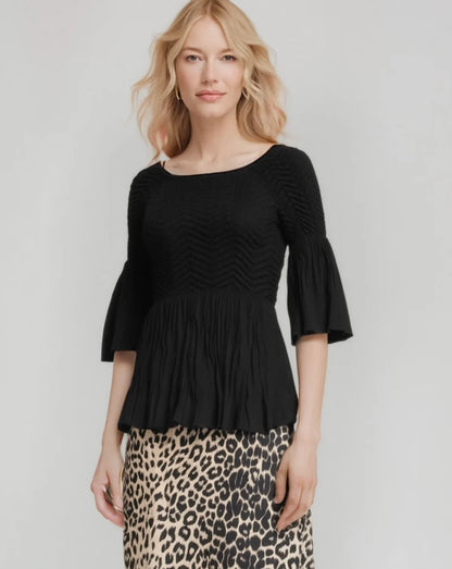 Pleated blouse off shoulder top with flared sleeves & sweep (Black)