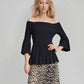 Pleated blouse off shoulder top with flared sleeves & sweep (Black)