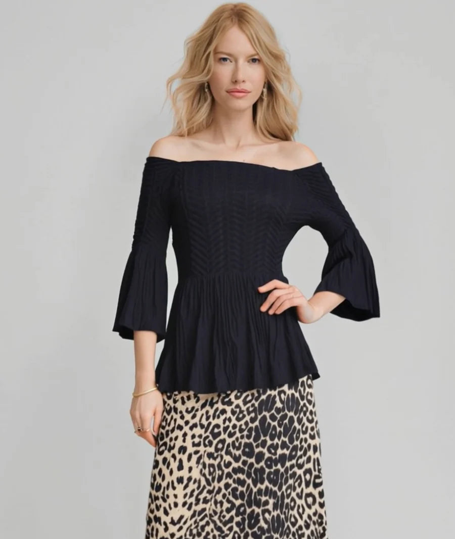 Pleated blouse off shoulder top with flared sleeves & sweep (Black)