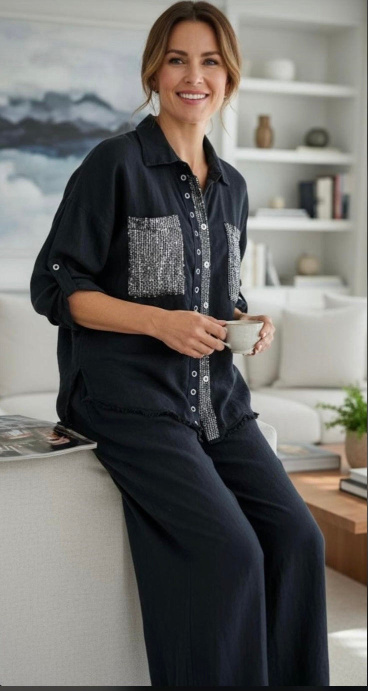 Lori Glitter Button Down Shirt & Pants (Assorted Colors)