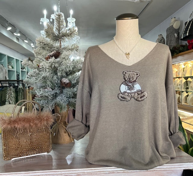 Bear Applique Sweater w/Open Weave