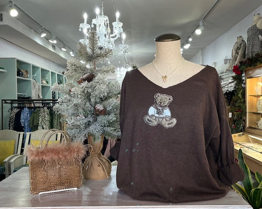 Bear Applique Sweater w/Open Weave