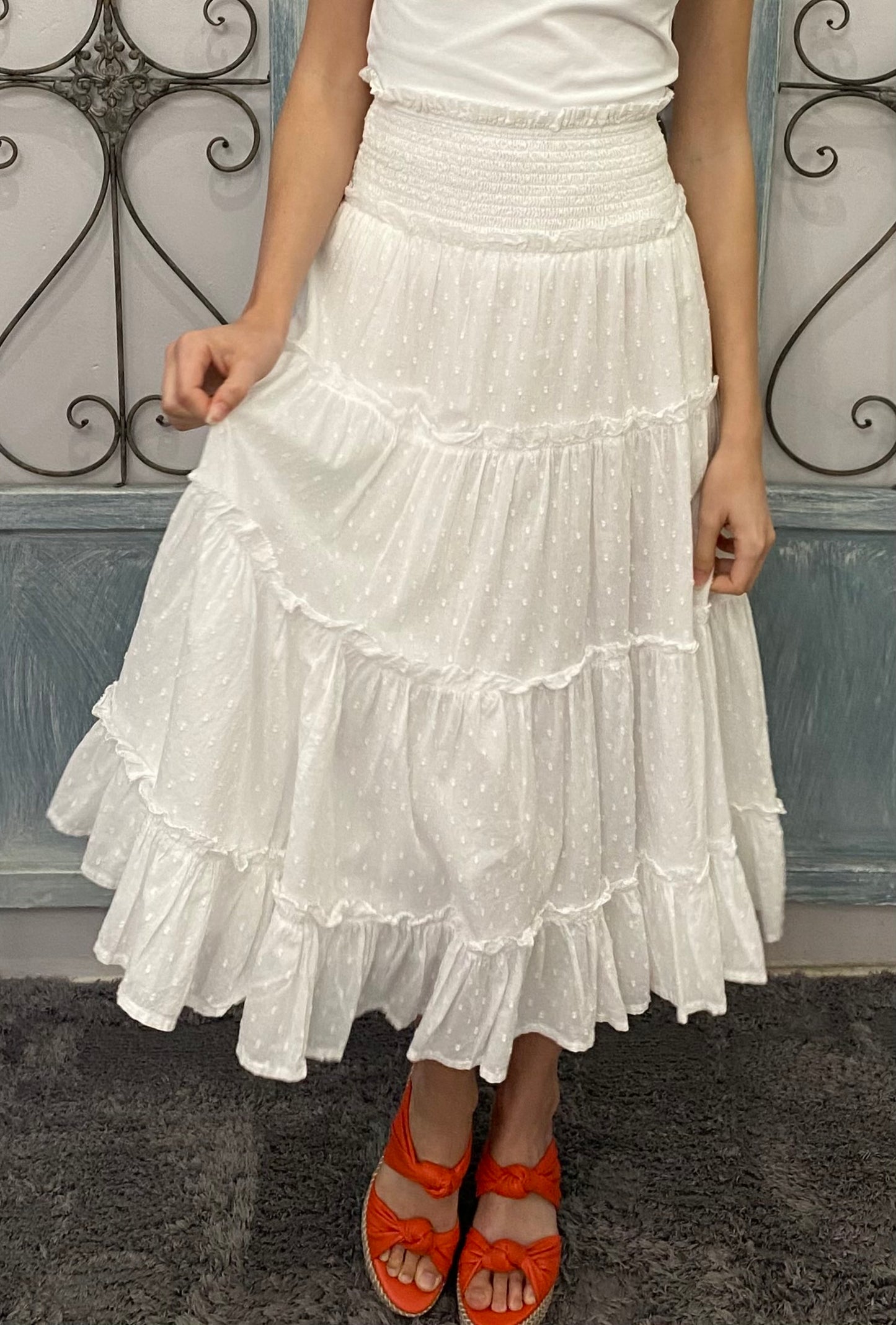 Tiered White Midi Skirt