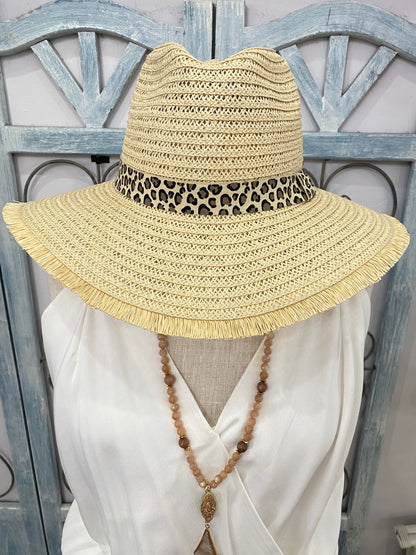 Straw Fringe Leopard Print Hat