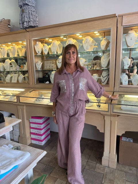 Lori Glitter Button Down Shirt & Pants (Assorted Colors)