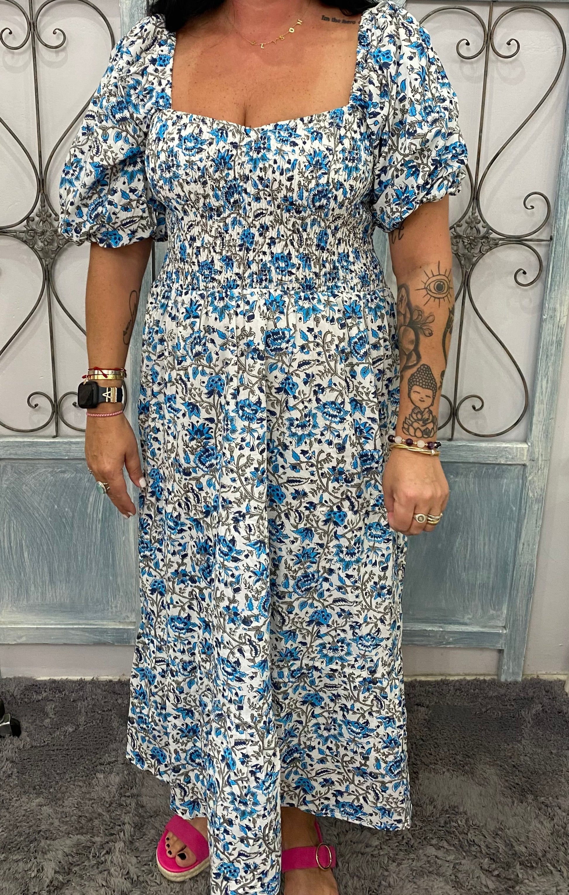midi cotton summer dresses with sleeves Sage Short Sleeve Round Neck Button Cotton Midi Dress