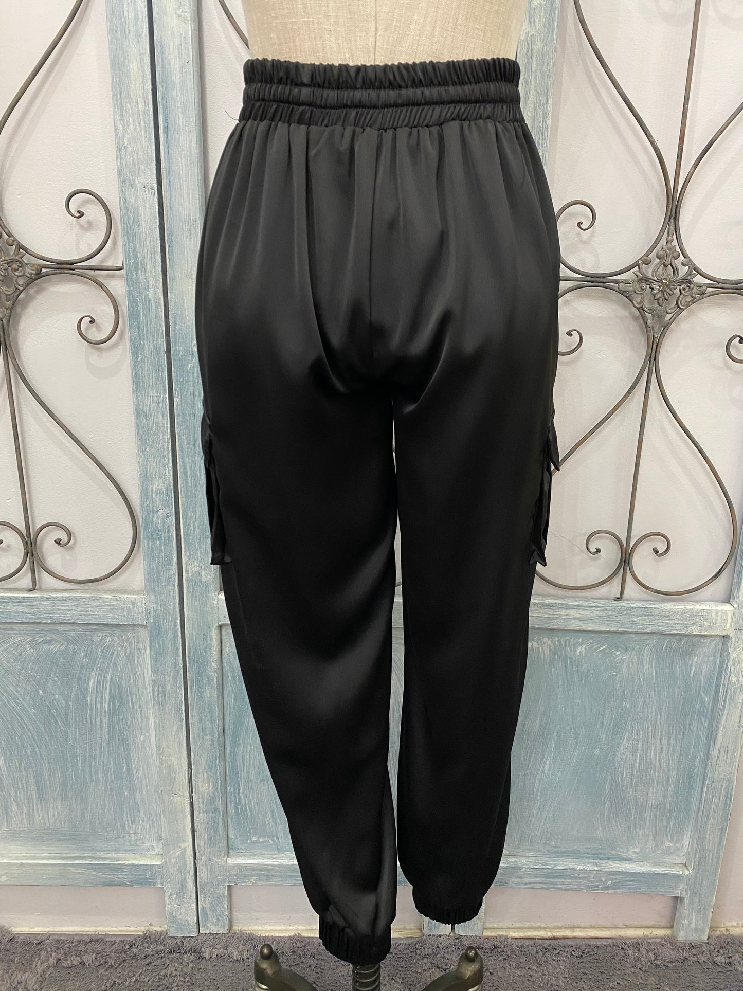 Black Satin Cargo Pants