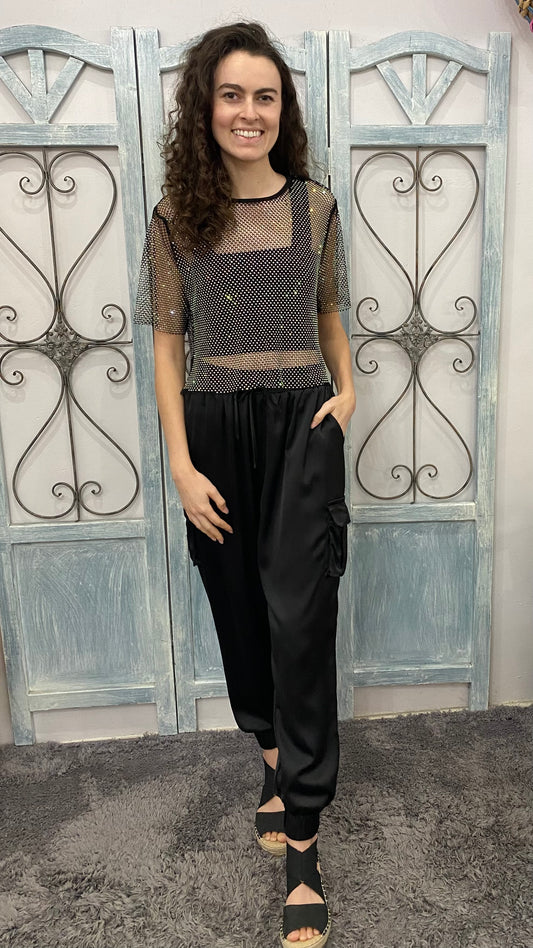 Black Satin Cargo Pants