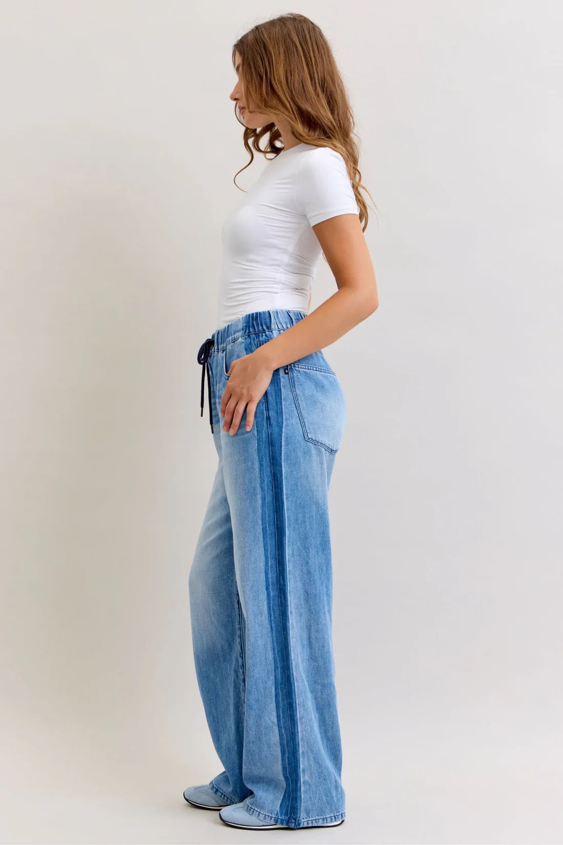 Judy Blue High Waist Wilhelmina Elastic Waistband Drawstring & Side Panel Denim Jeans 881005
