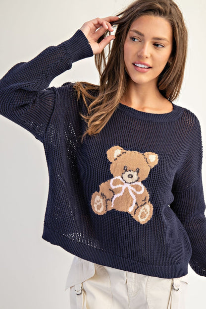 Teddy Bear Graphic Open Knit Sweater (Assorted Colors)