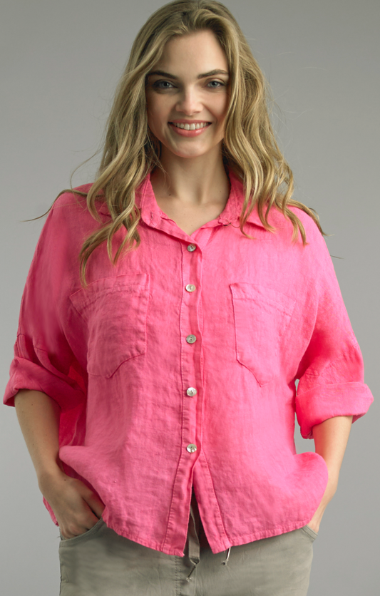 Fuchsia Two Pocket Linen Top