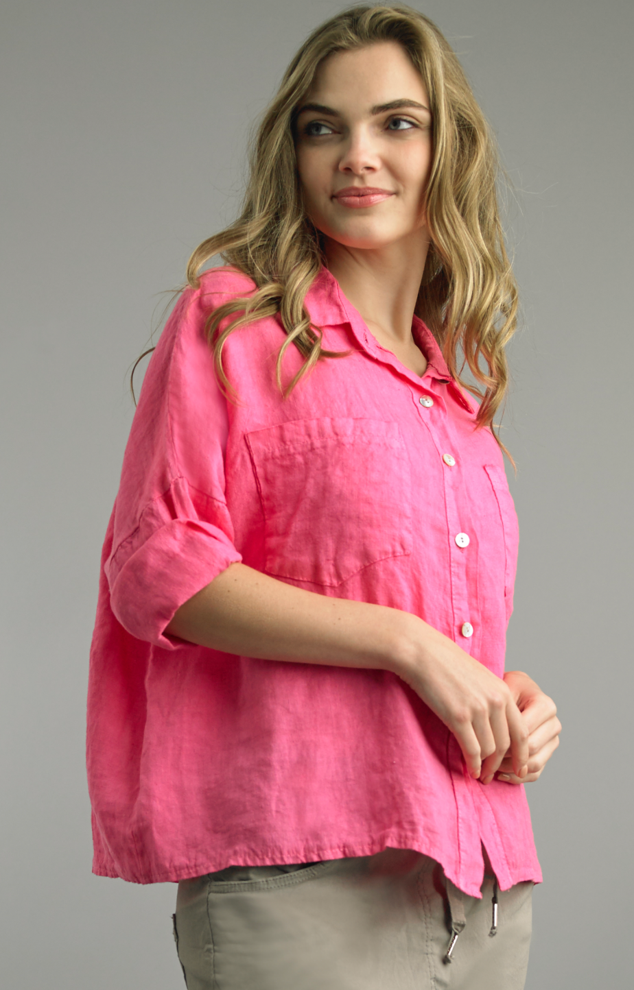 Fuchsia Two Pocket Linen Top