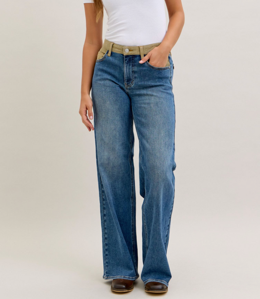 Medium Denim Mid Rise Column Straight With Corduroy Waist Jeans