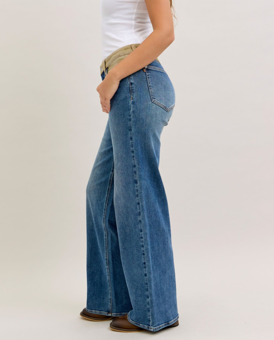 Medium Denim Mid Rise Column Straight With Corduroy Waist Jeans