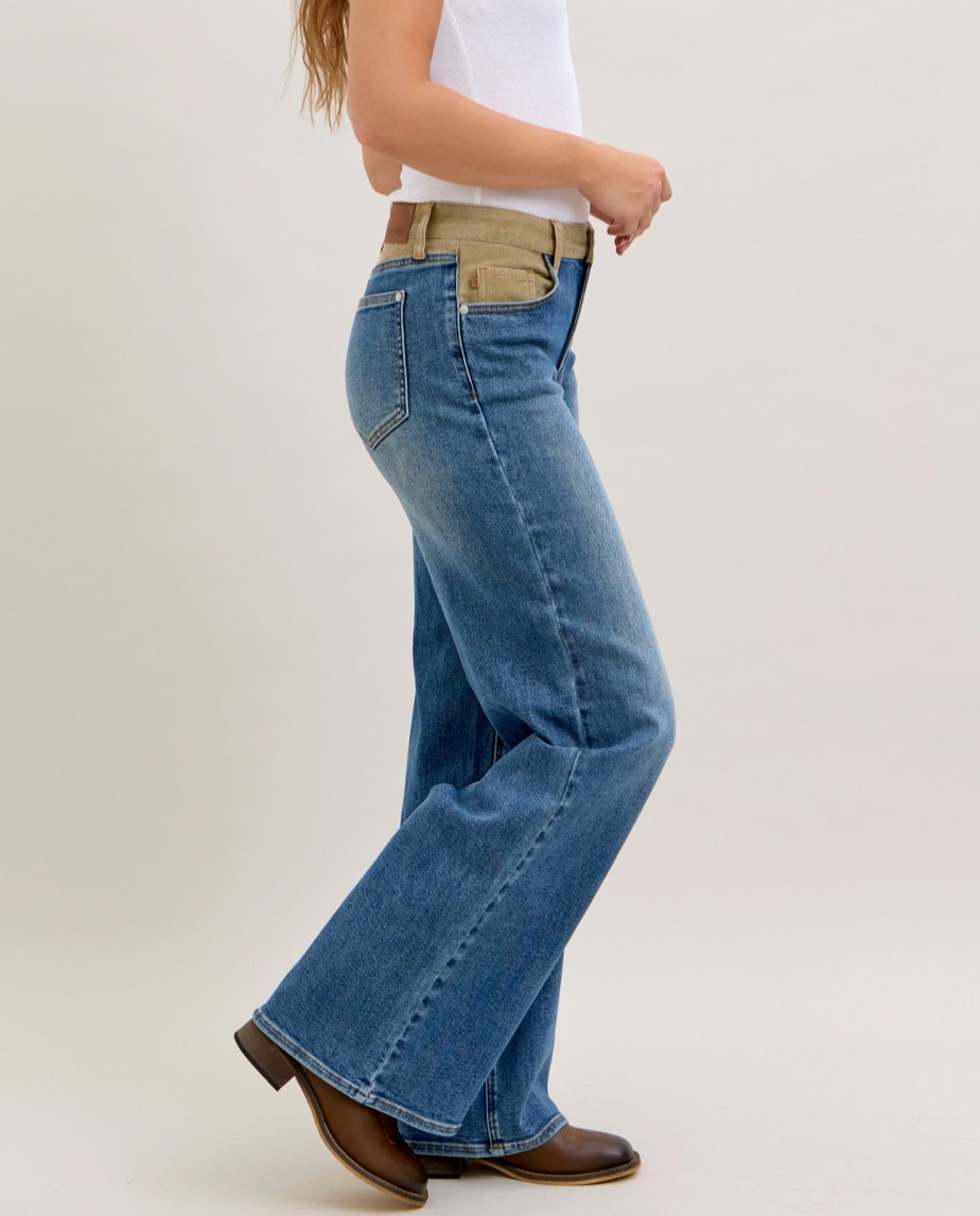 Medium Denim Mid Rise Column Straight With Corduroy Waist Jeans