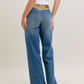 Medium Denim Mid Rise Column Straight With Corduroy Waist Jeans