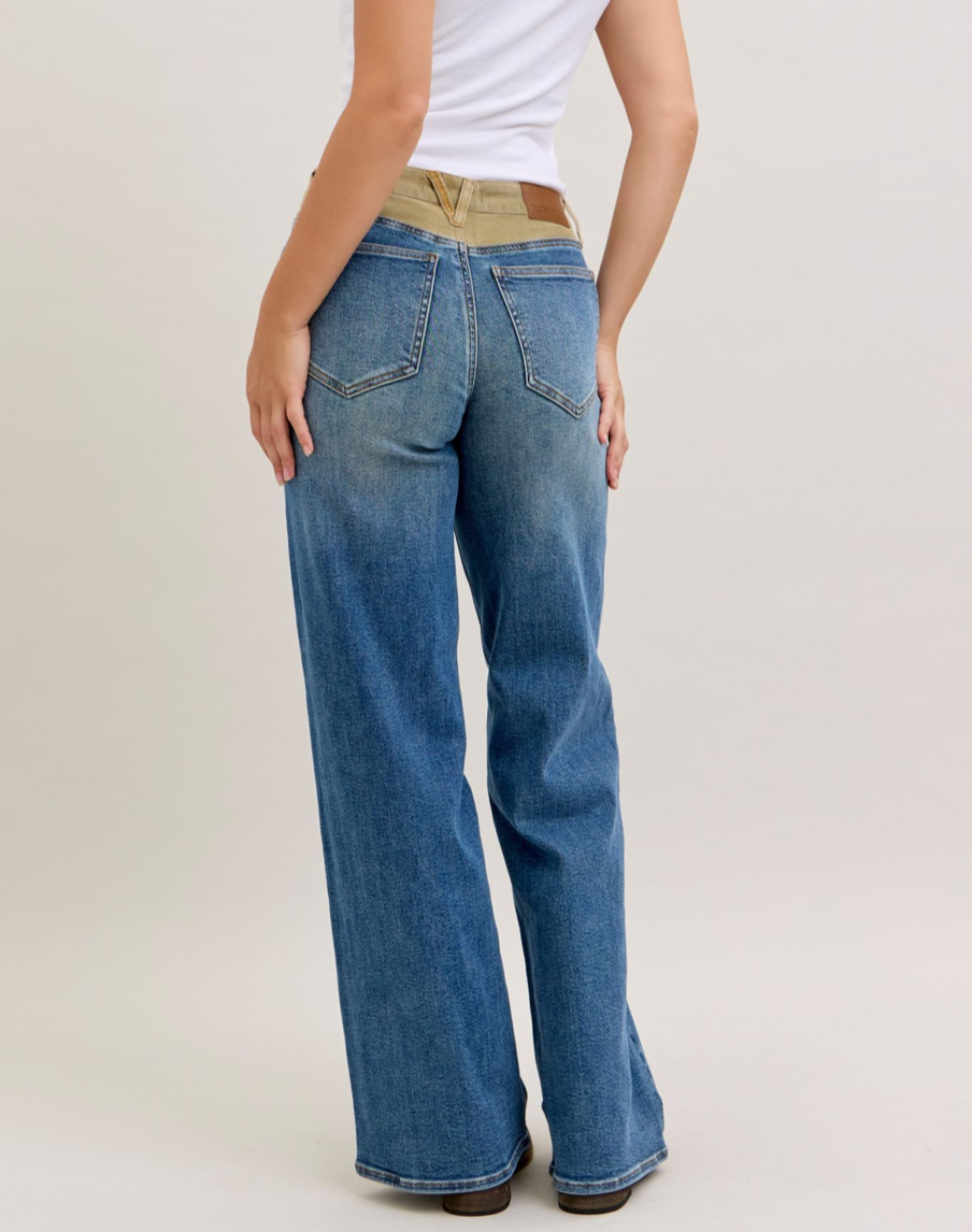 Medium Denim Mid Rise Column Straight With Corduroy Waist Jeans
