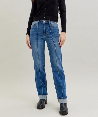 Medium Denim High-Waist Front Seam Detail & Cuffed Straight Jeans