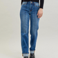Medium Denim High-Waist Front Seam Detail & Cuffed Straight Jeans