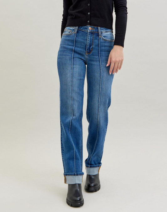 Medium Denim High-Waist Front Seam Detail & Cuffed Straight Jeans
