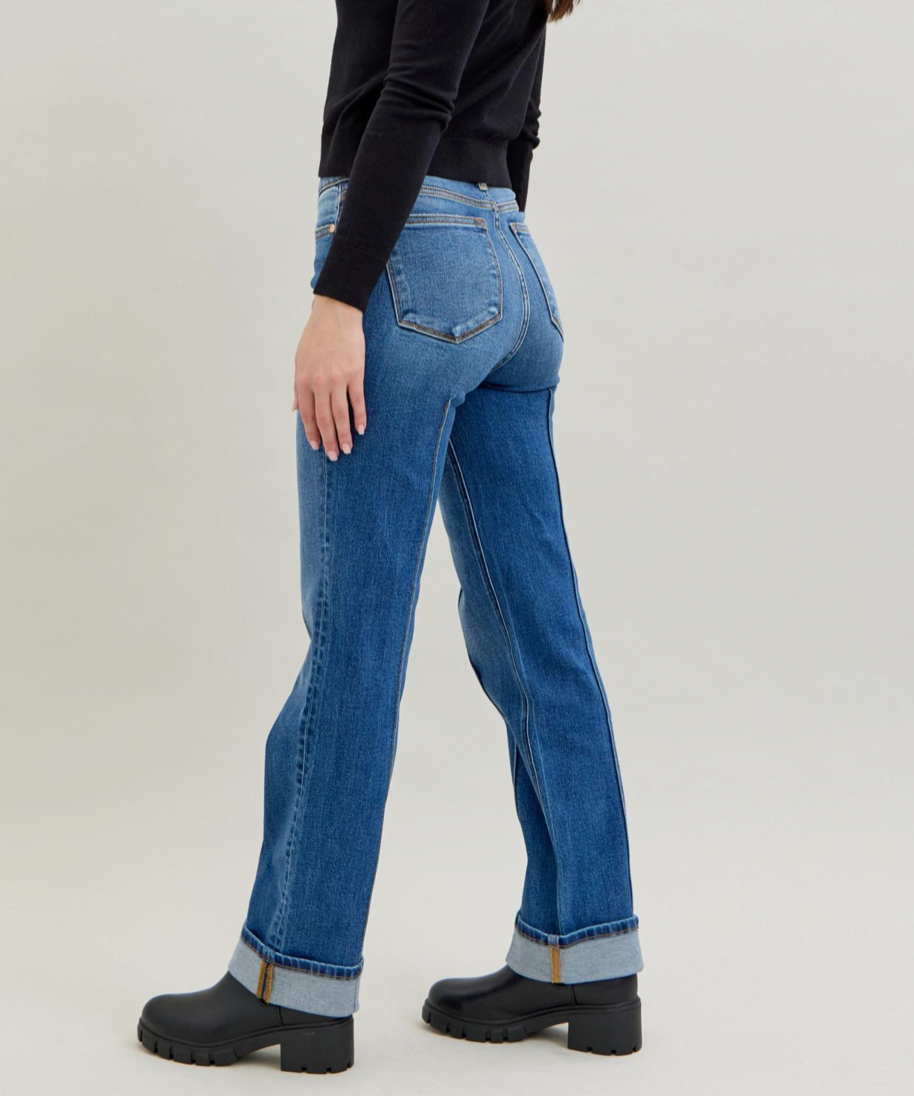 Medium Denim High-Waist Front Seam Detail & Cuffed Straight Jeans