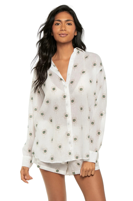 White Evil Eye Print Paisley Button Down Top