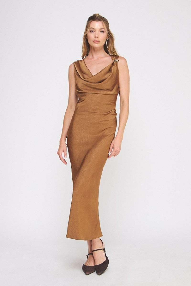 midi dress with draped detail Draped Midi Dress With Brooch Detail (Assorted Colors) Small / Caramel