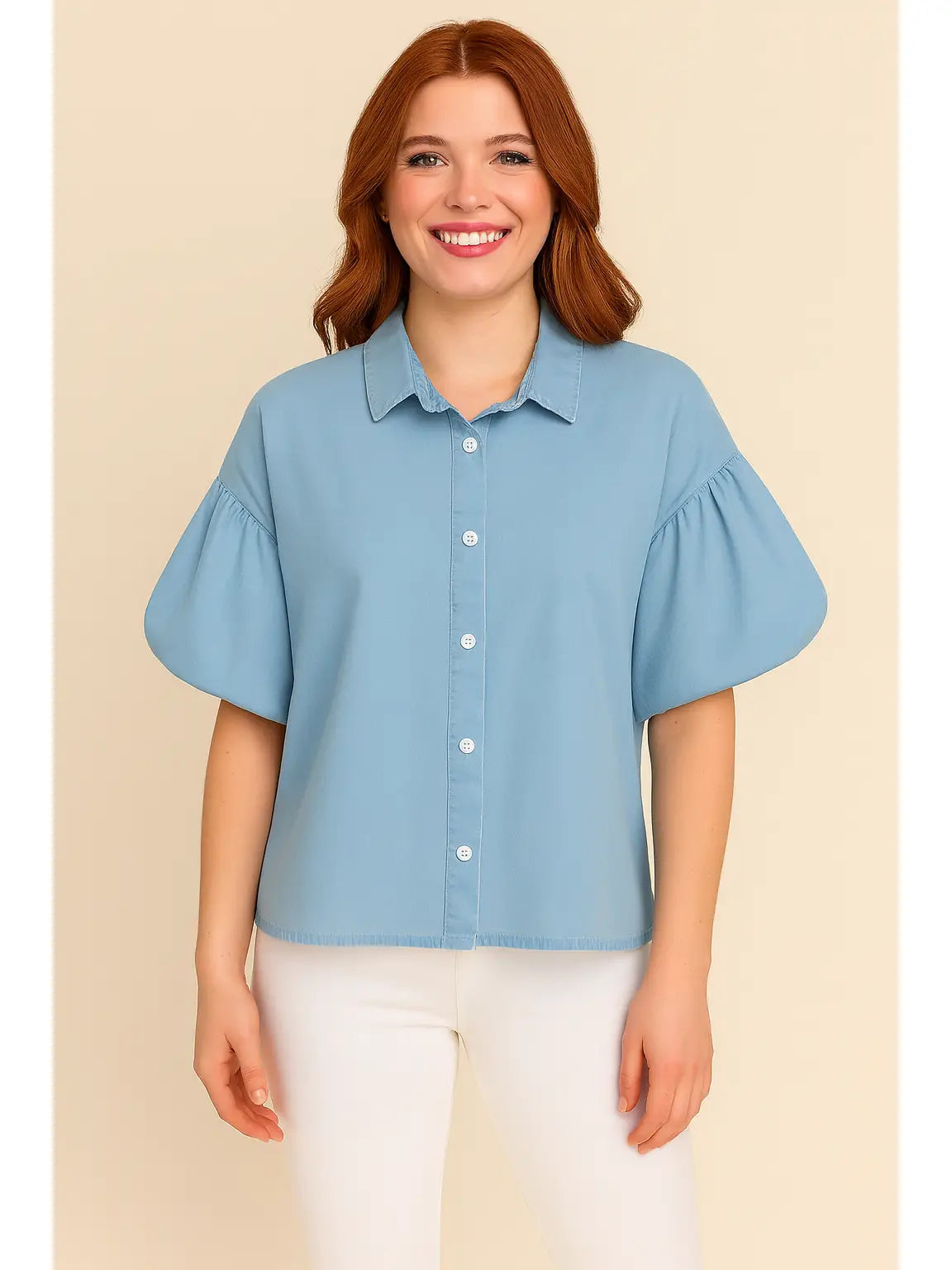 Tencel Puff Sleeve Button Front Top (Assorted Colors)