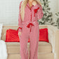 Red Stripe Contrast Velvet Trim Bow Knot Waist 2pcs Pajama Set