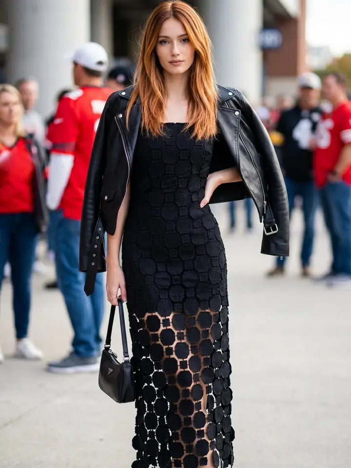 3D Lace Appliqué Fringe Hem Bodycon Midi Dress