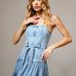 Light Wash Garment Washed Tiered Zip Midi Dress