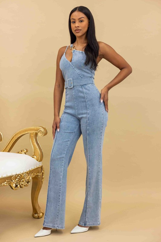 One Shoulder Denim Jumpsuit