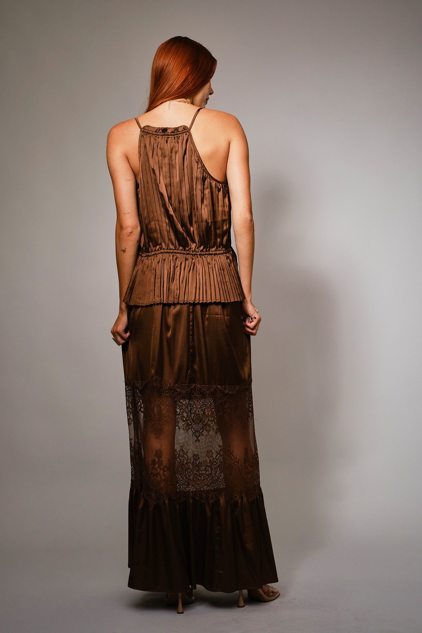 Espresso Pleated Satin Tie Front Top