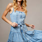 Light Wash Garment Washed Tiered Zip Midi Dress
