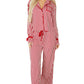 Red Stripe Contrast Velvet Trim Bow Knot Waist 2pcs Pajama Set