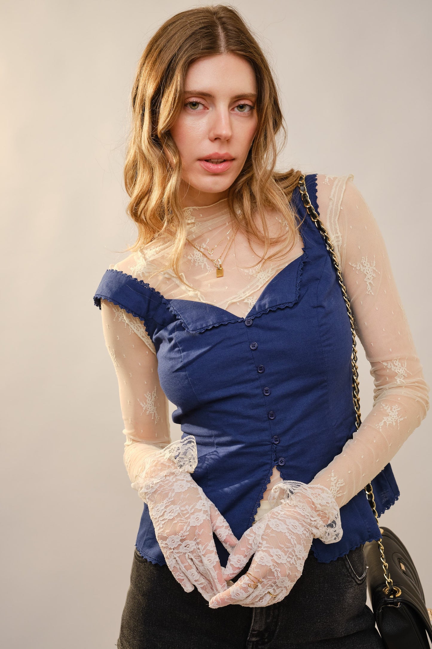 Navy Heart Shape Lace Trim Tank Top